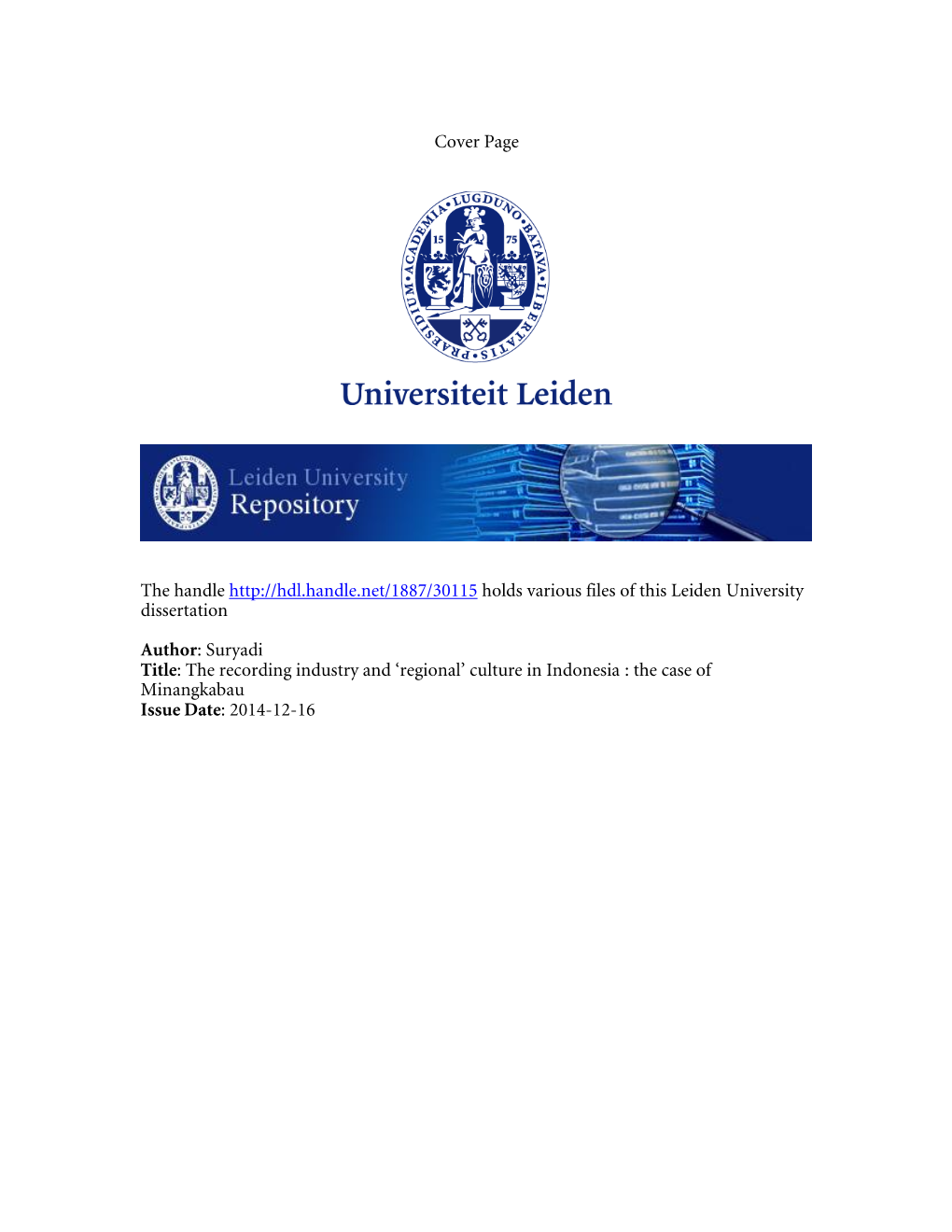 Cover Page the Handle Holds Various Files of This Leiden University Dissertation Author: Suryad