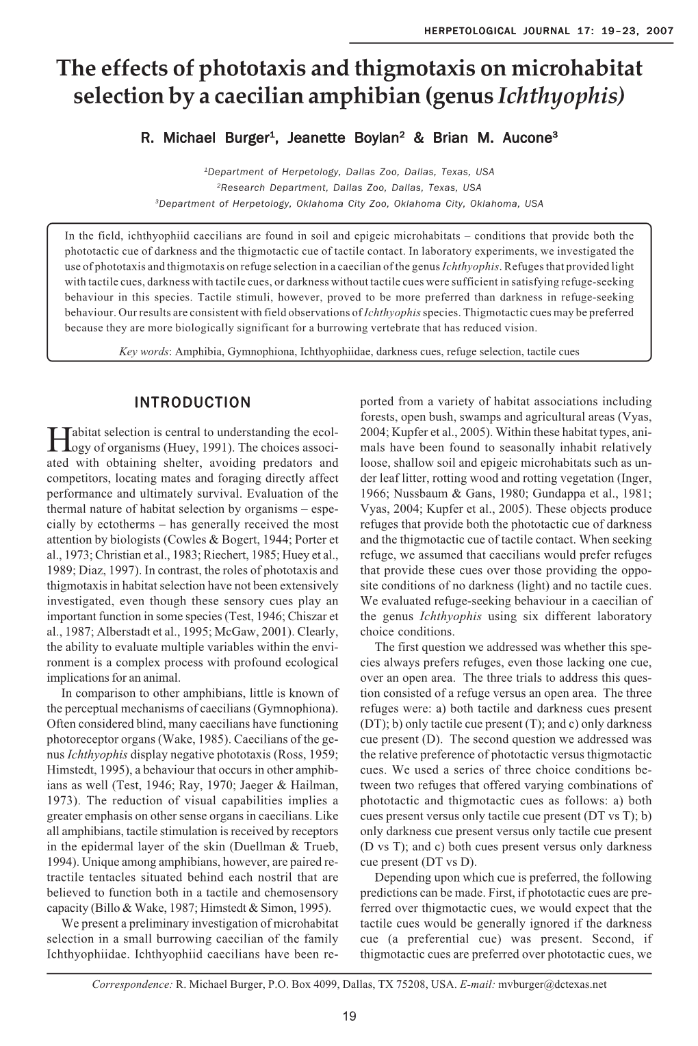 The Effects of Phototaxis and Thigmotaxis on Microhabitat Selection by a Caecilian Amphibian (Genus Ichthyophis)