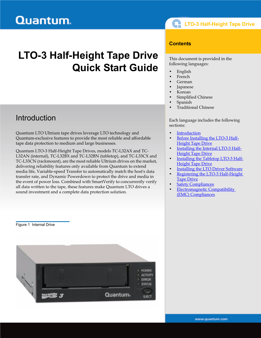 Quantum LTO-3 Half-Height Tape Drive Quick Start Guide