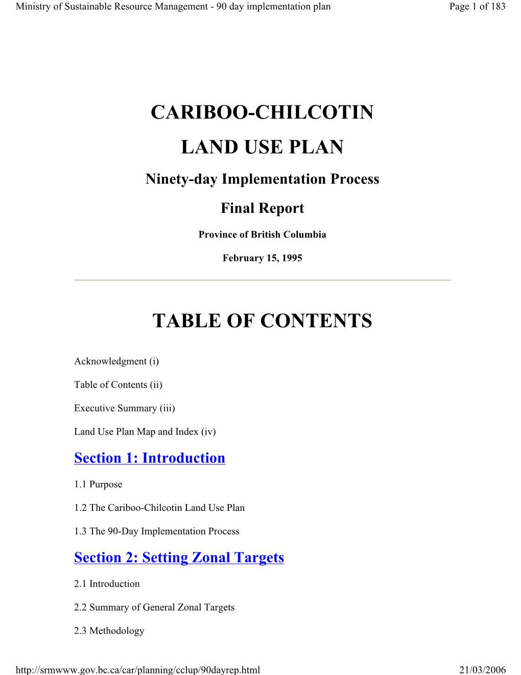 Cariboo-Chilcotin Land Use Plan Table of Contents