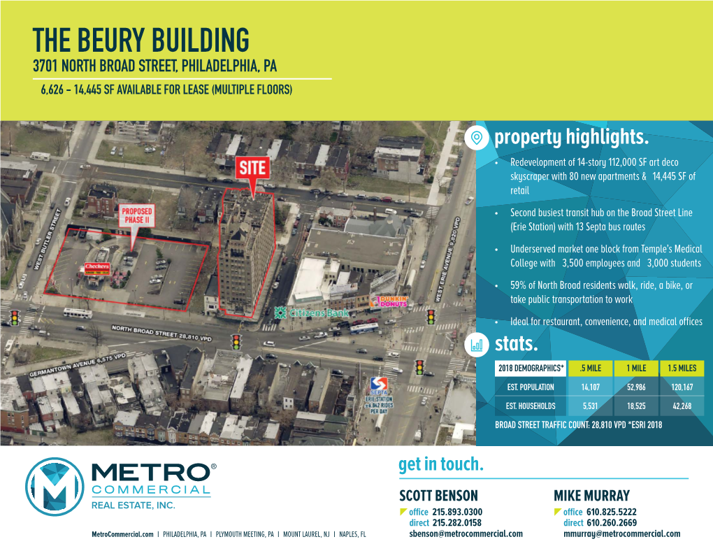 The Beury Building 3701 North Broad Street, Philadelphia, Pa ±6,626 - 14,445 Sf Available for Lease (Multiple Floors)