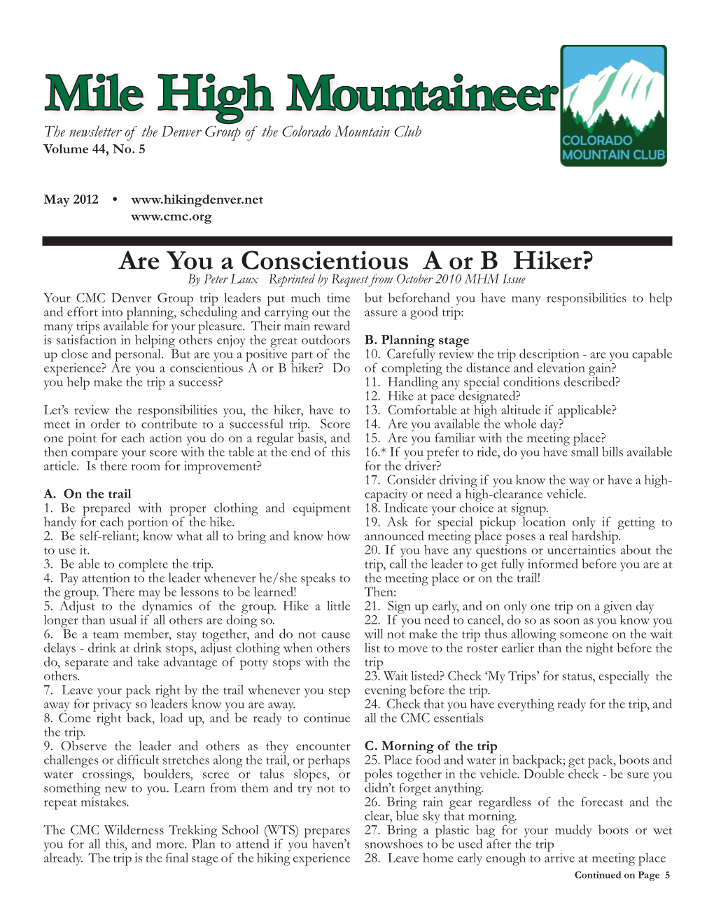 Mile High Mountaineer the Newsletter of the Denver Group of the Colorado Mountain Club Volume 44, No