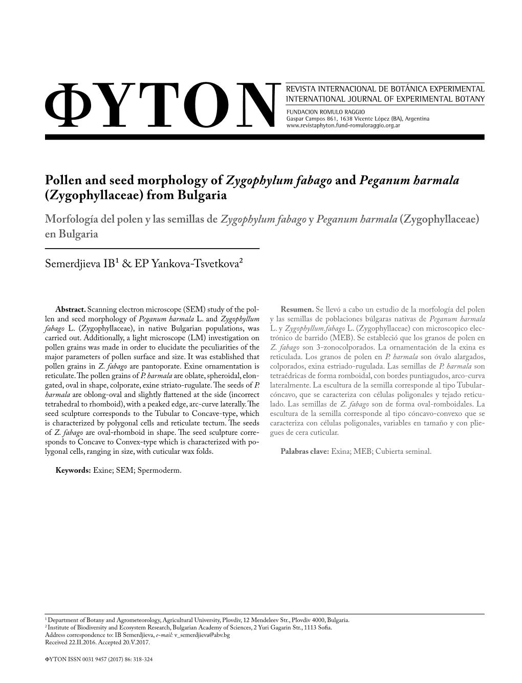 Pollen and Seed Morphology of Zygophylum Fabago and Peganum