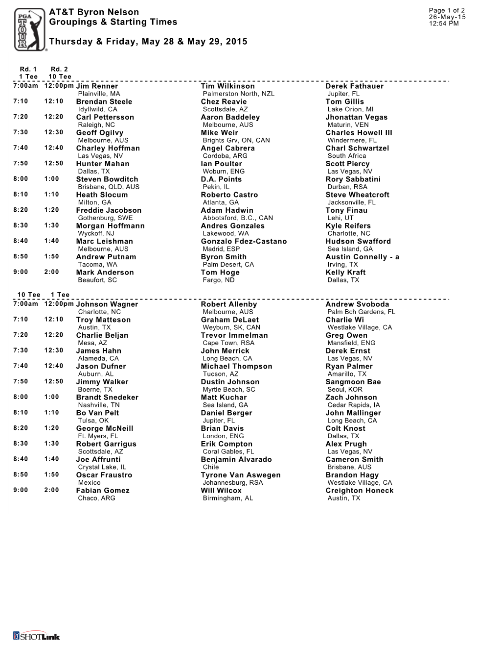 AT&T Byron Nelson Groupings & Starting Times Thursday & Friday