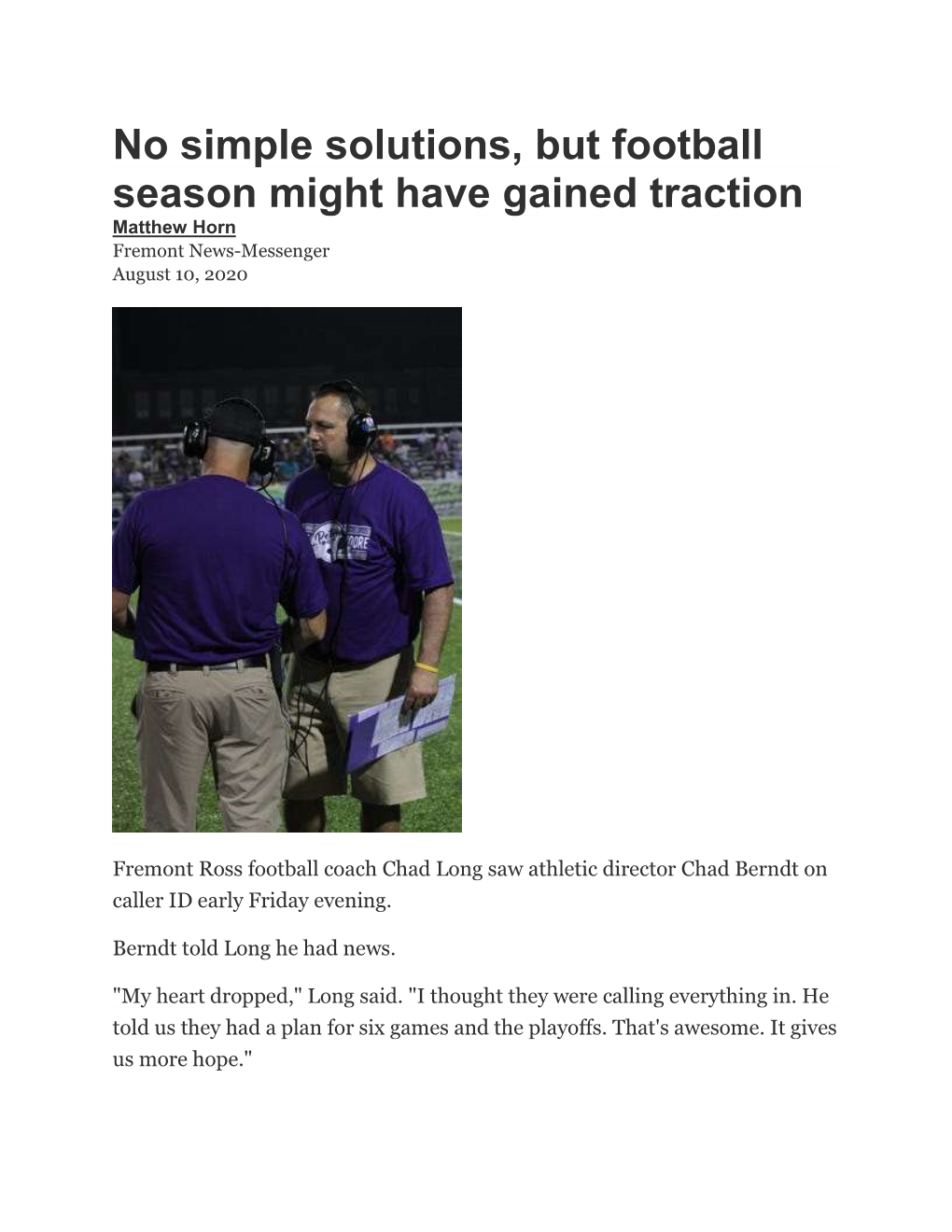 No Simple Solutions, but Football Season Might Have Gained Traction Matthew Horn Fremont News-Messenger August 10, 2020