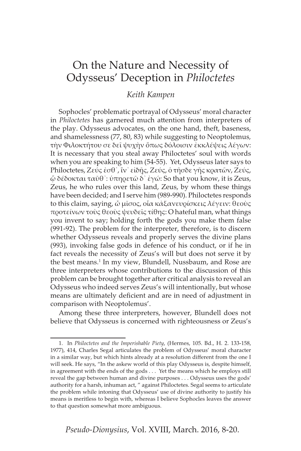 On the Nature and Necessity of Odysseus' Deception in Philoctetes