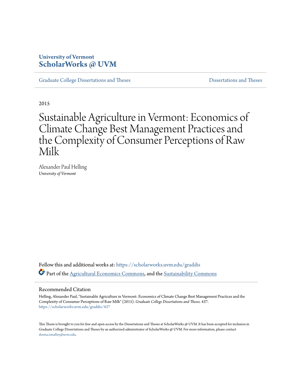 Sustainable Agriculture in Vermont: Economics of Climate Change Best