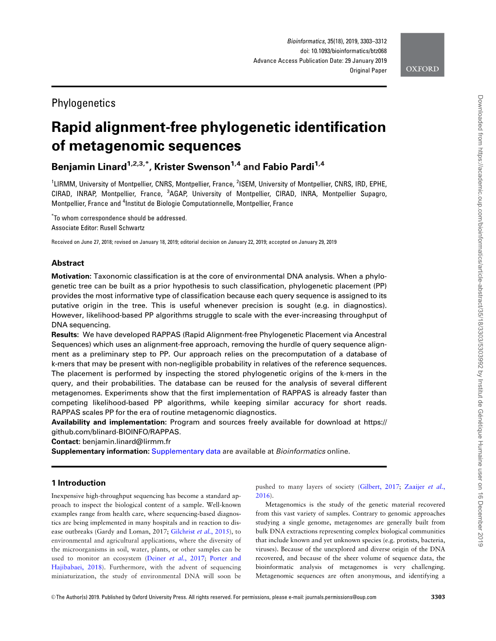 Rapid Alignment-Free Phylogenetic Identification of Metagenomic Sequences Benjamin Linard1,2,3,*, Krister Swenson1,4 and Fabio Pardi1,4