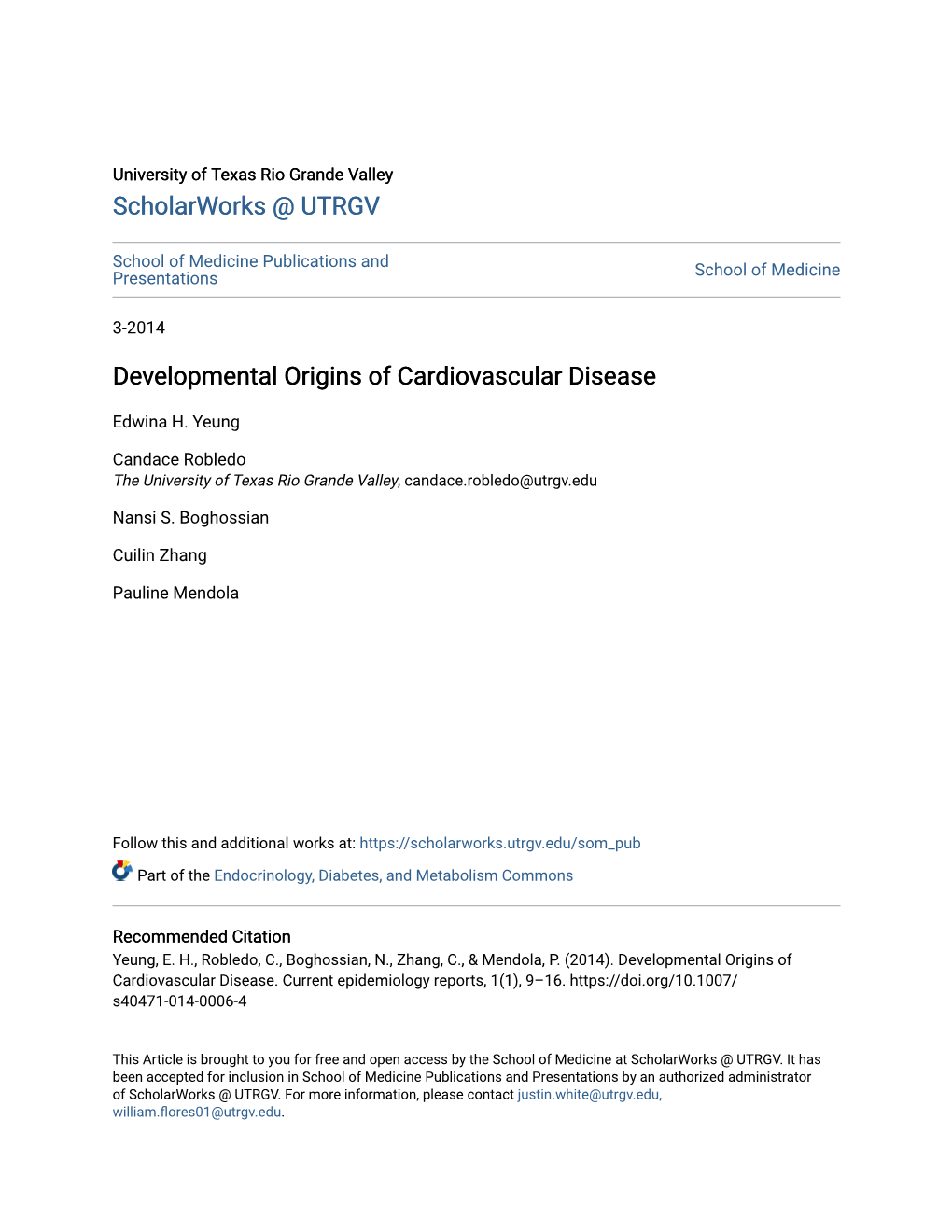 Developmental Origins of Cardiovascular Disease