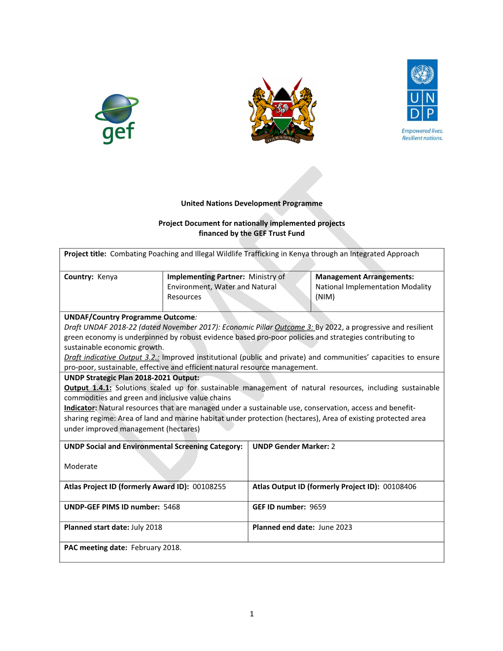 Project Document for Nationally Implemented Projects Financed by the GEF Trust Fund