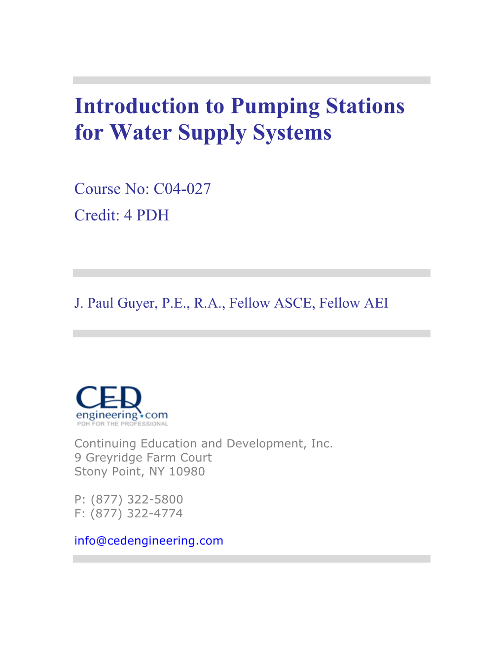 Introduction to Pumping Stations for Water Supply Systems