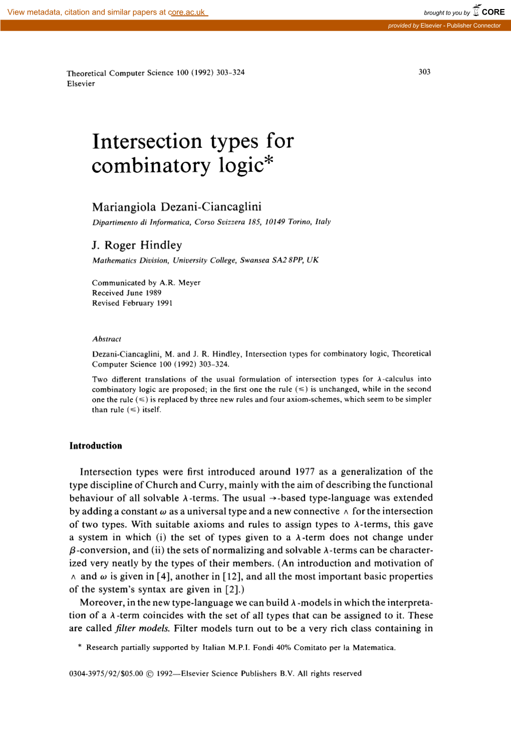 Intersection Types for Combinatory Logic*