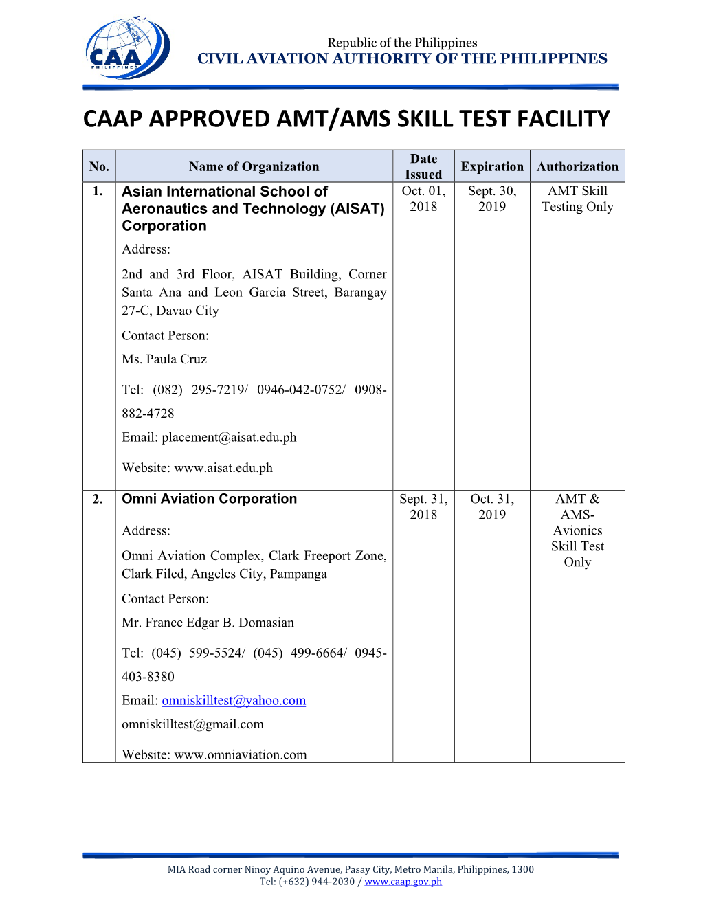 Accredited AMT/AMS Skill Test Facility As of January 2019