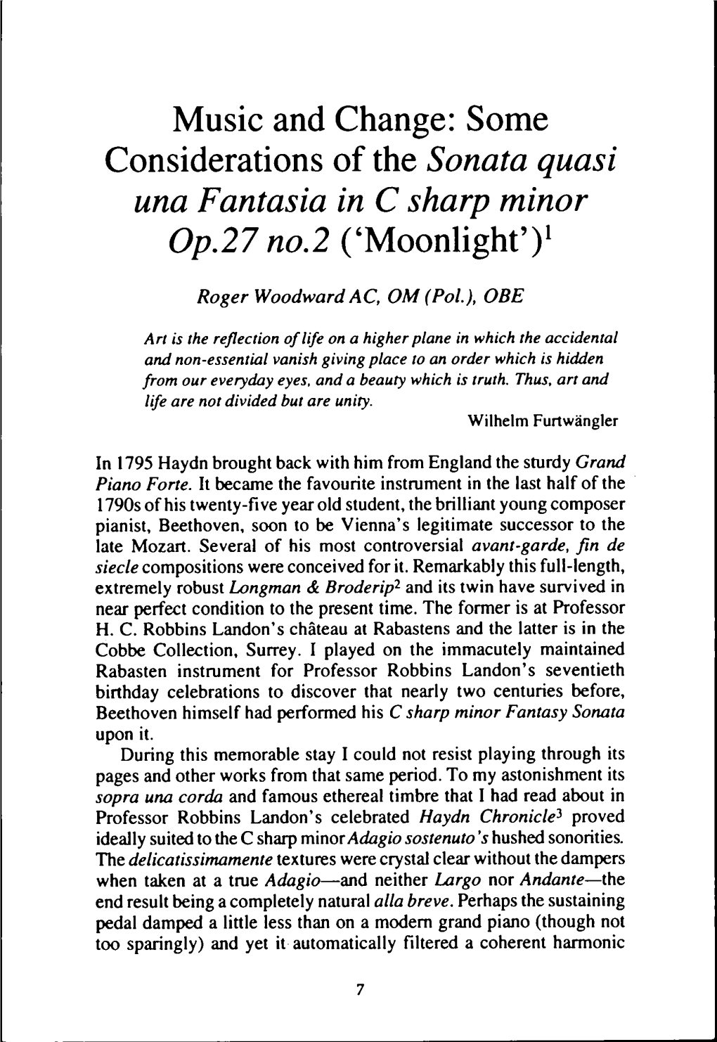 Some Considerations of the Sonata Quasi Una Fantasia in C Sharp Minor Op.27 No.2 ('Moonlight')L