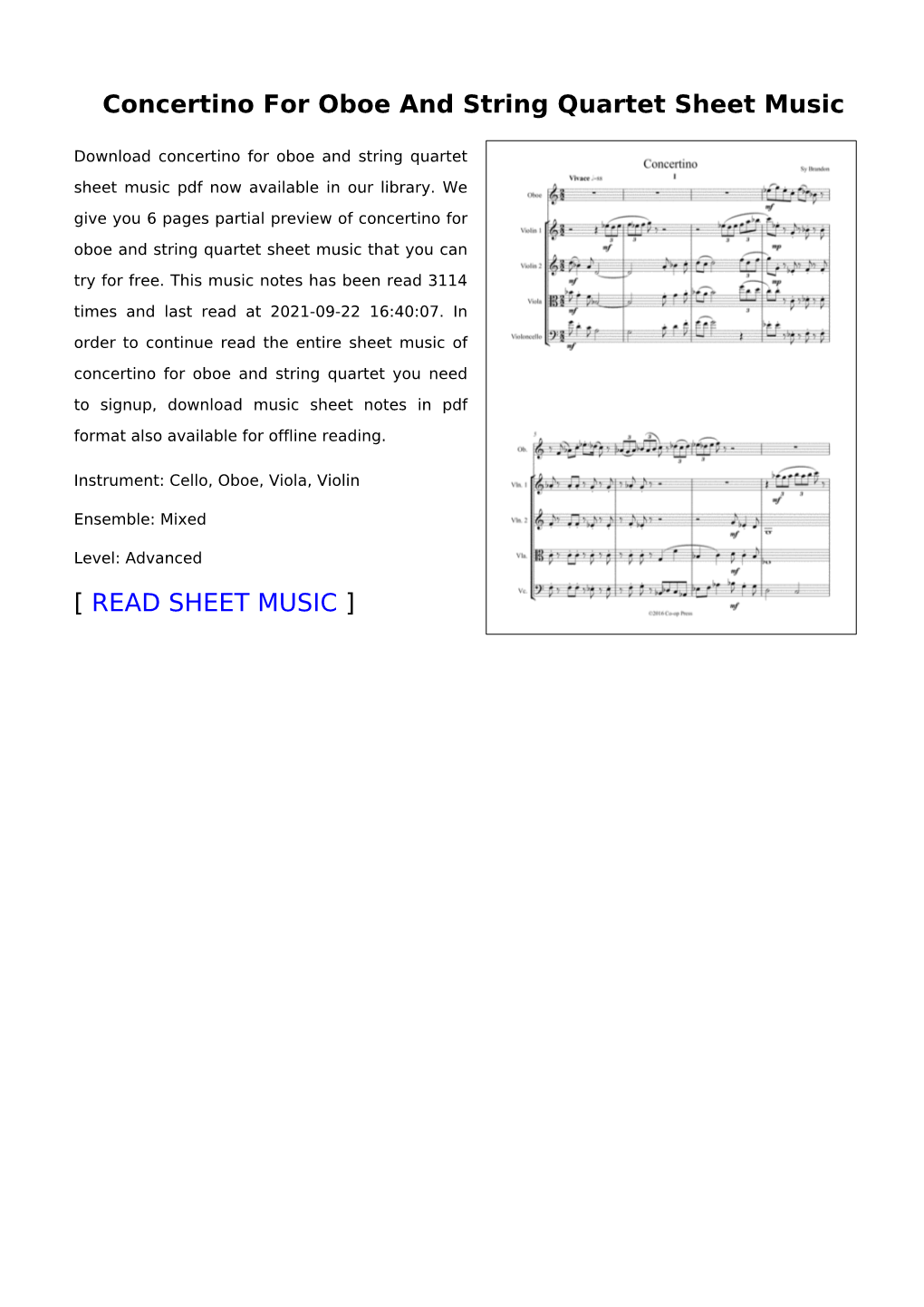 Concertino for Oboe and String Quartet Sheet Music
