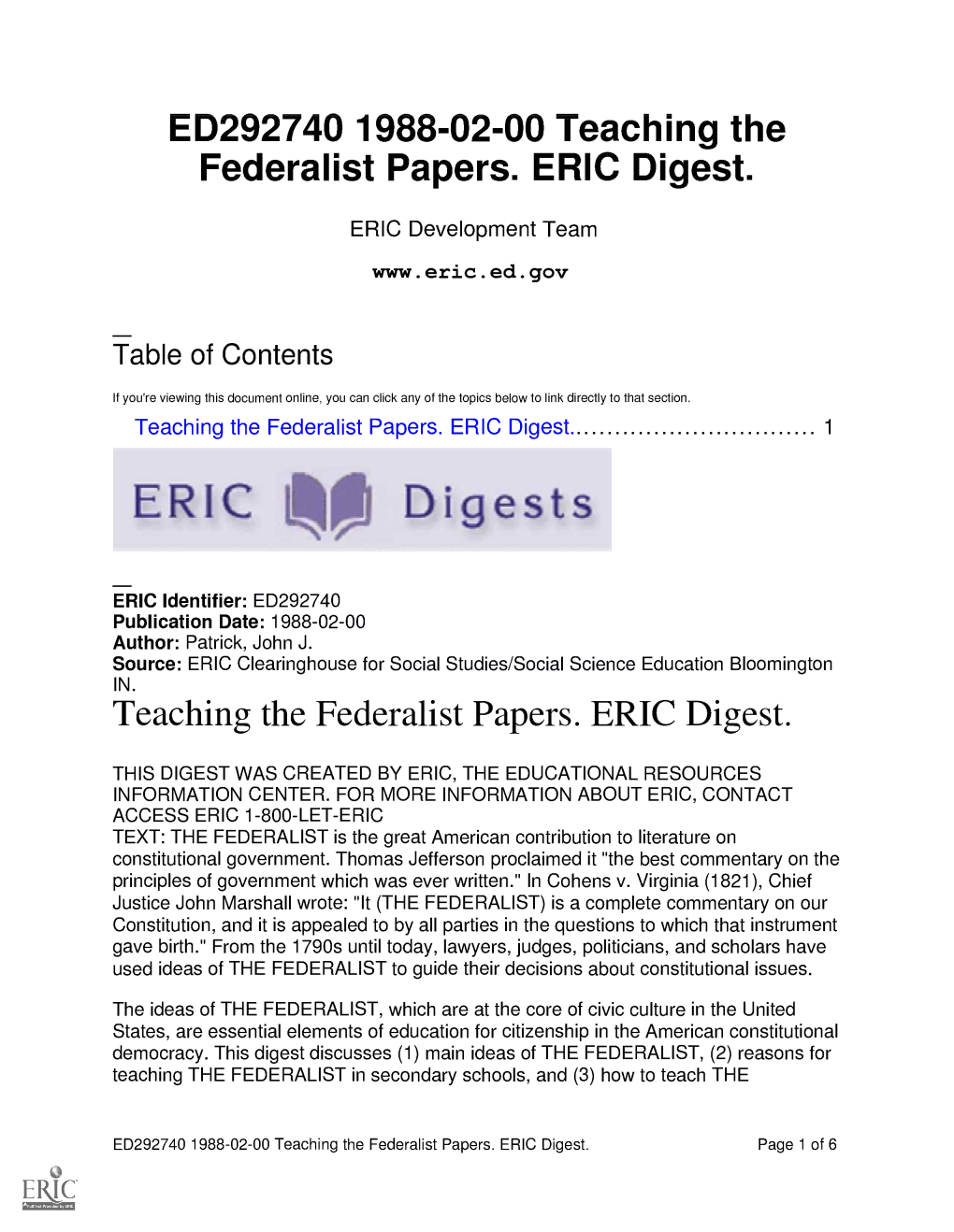 Teaching the Federalist Papers. ERIC Digest