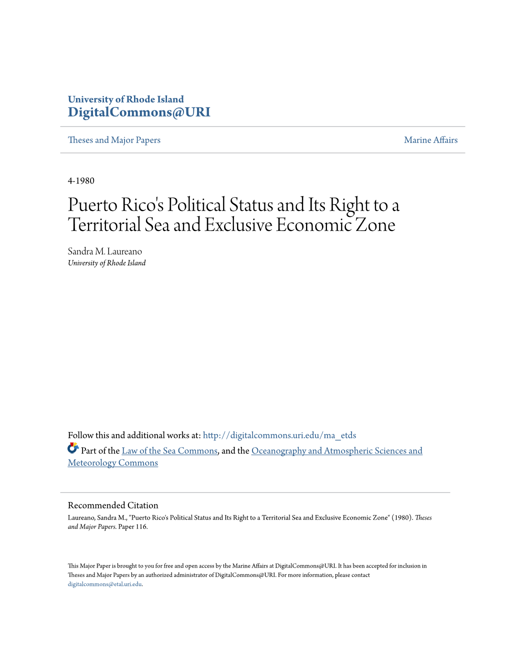 Puerto Rico's Political Status and Its Right to a Territorial Sea and Exclusive Economic Zone Sandra M