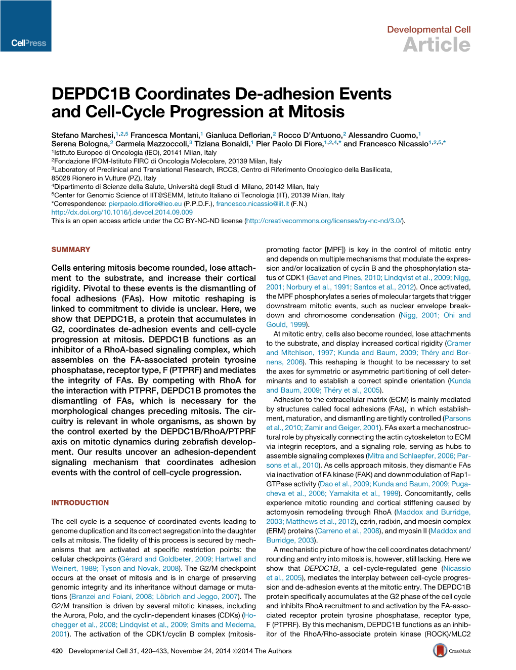 DEPDC1B Coordinates De-Adhesion Events and Cell-Cycle Progression at Mitosis