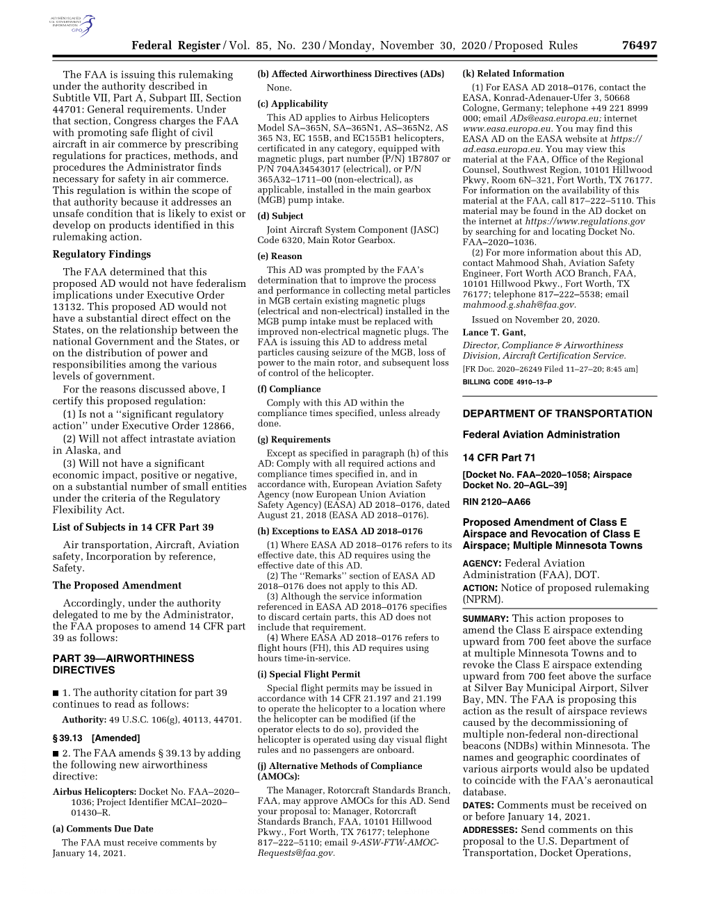 Federal Register/Vol. 85, No. 230/Monday, November 30, 2020