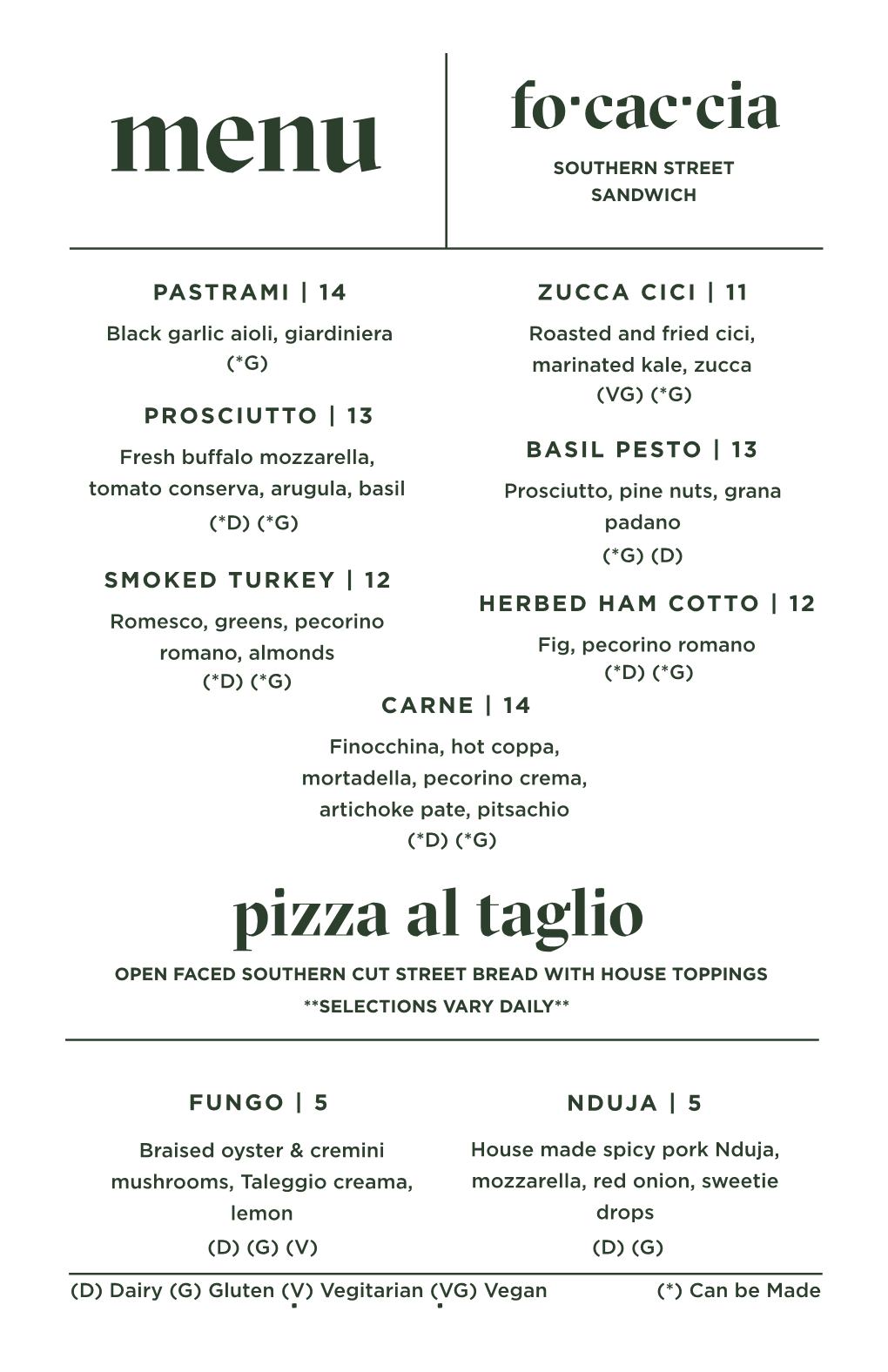 Pizza Al Taglio OPEN FACED SOUTHERN CUT STREET BREAD with HOUSE TOPPINGS **SELECTIONS VARY DAILY**