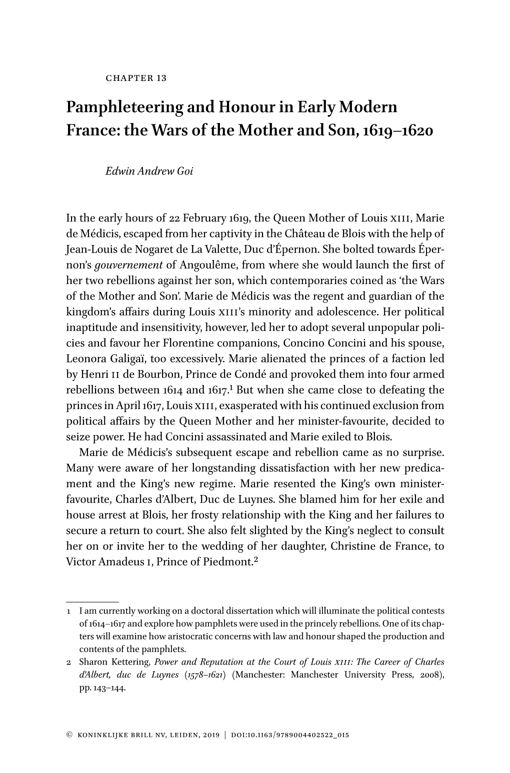 Pamphleteering and Honour in Early Modern France: the Wars of the Mother and Son, 1619–1620