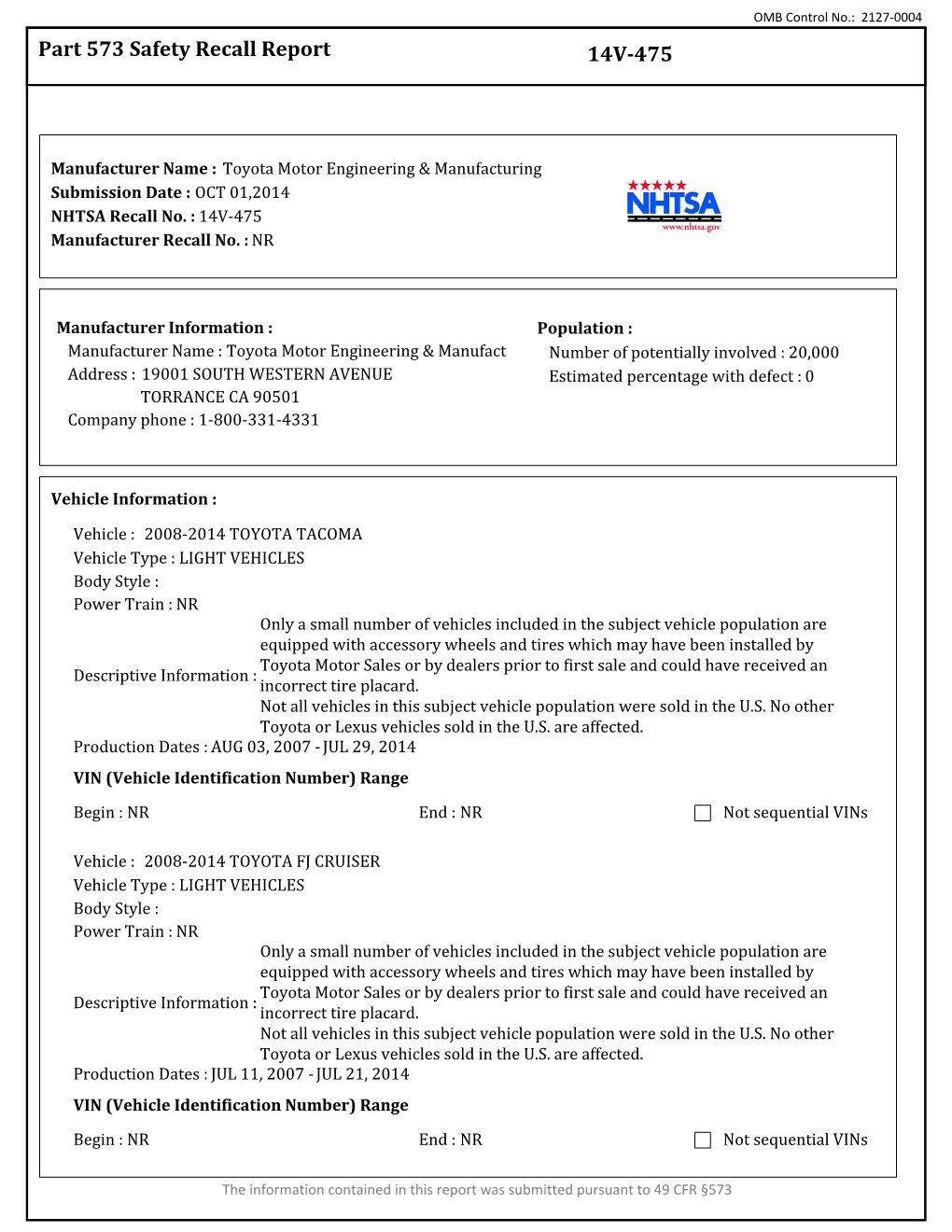 Part 573 Safety Recall Report 14V-475