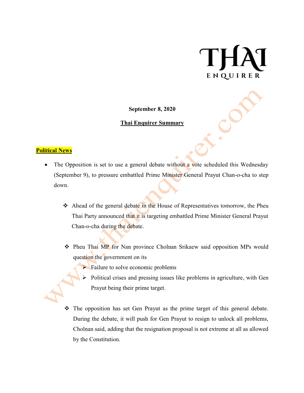 September 8, 2020 Thai Enquirer Summary Political News • The