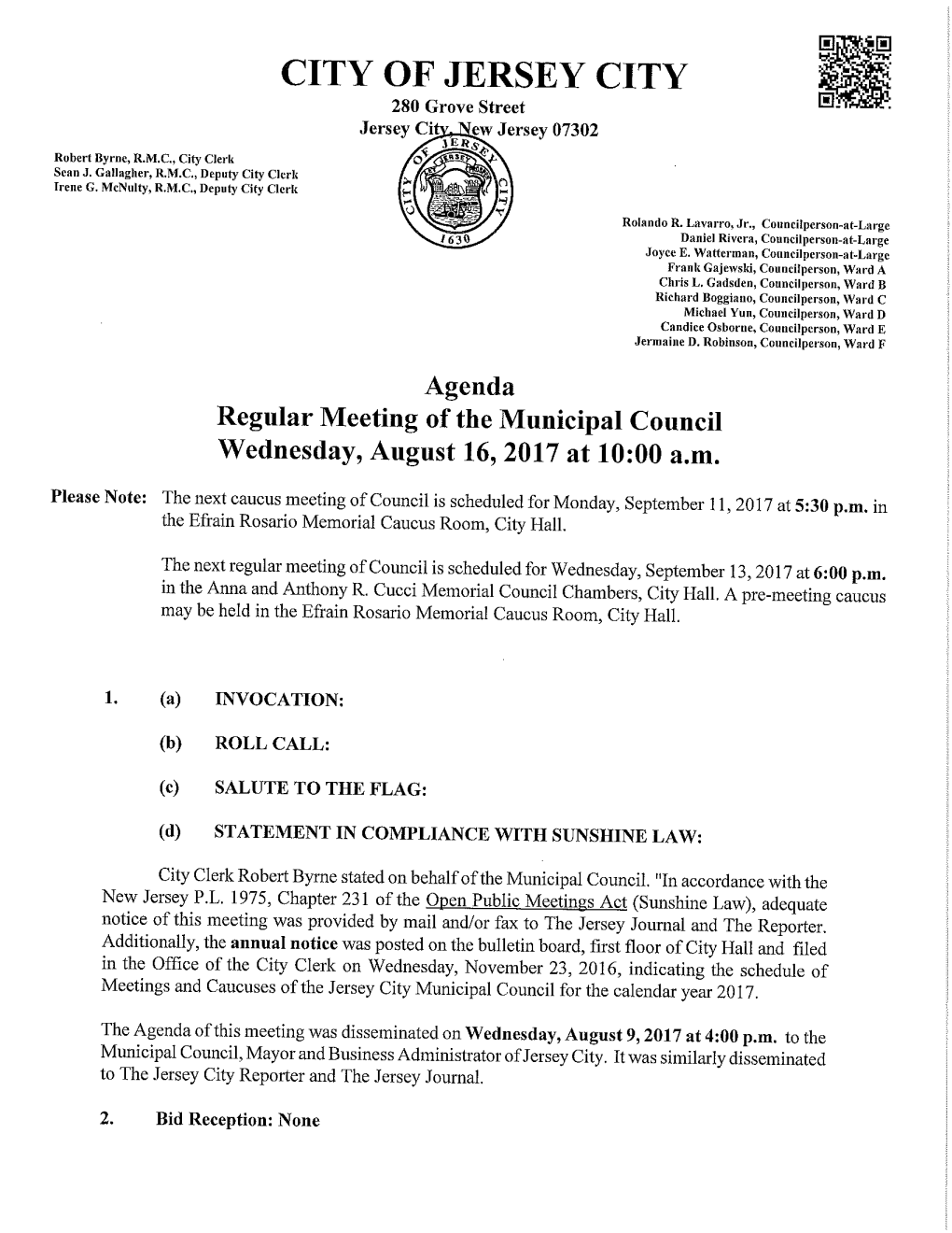 Agenda Regular Meeting of the Municipal Council Wednesday, August 16, 2017 at 10:00 A.M