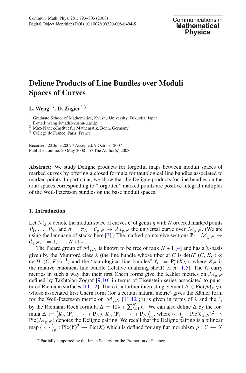 Deligne Products of Line Bundles Over Moduli Spaces of Curves