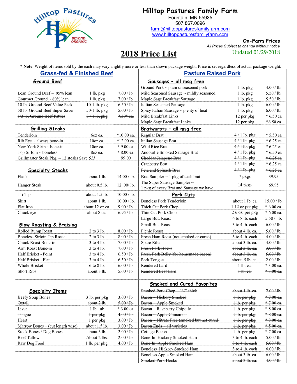 2018 Price List Updated 01/29/2018