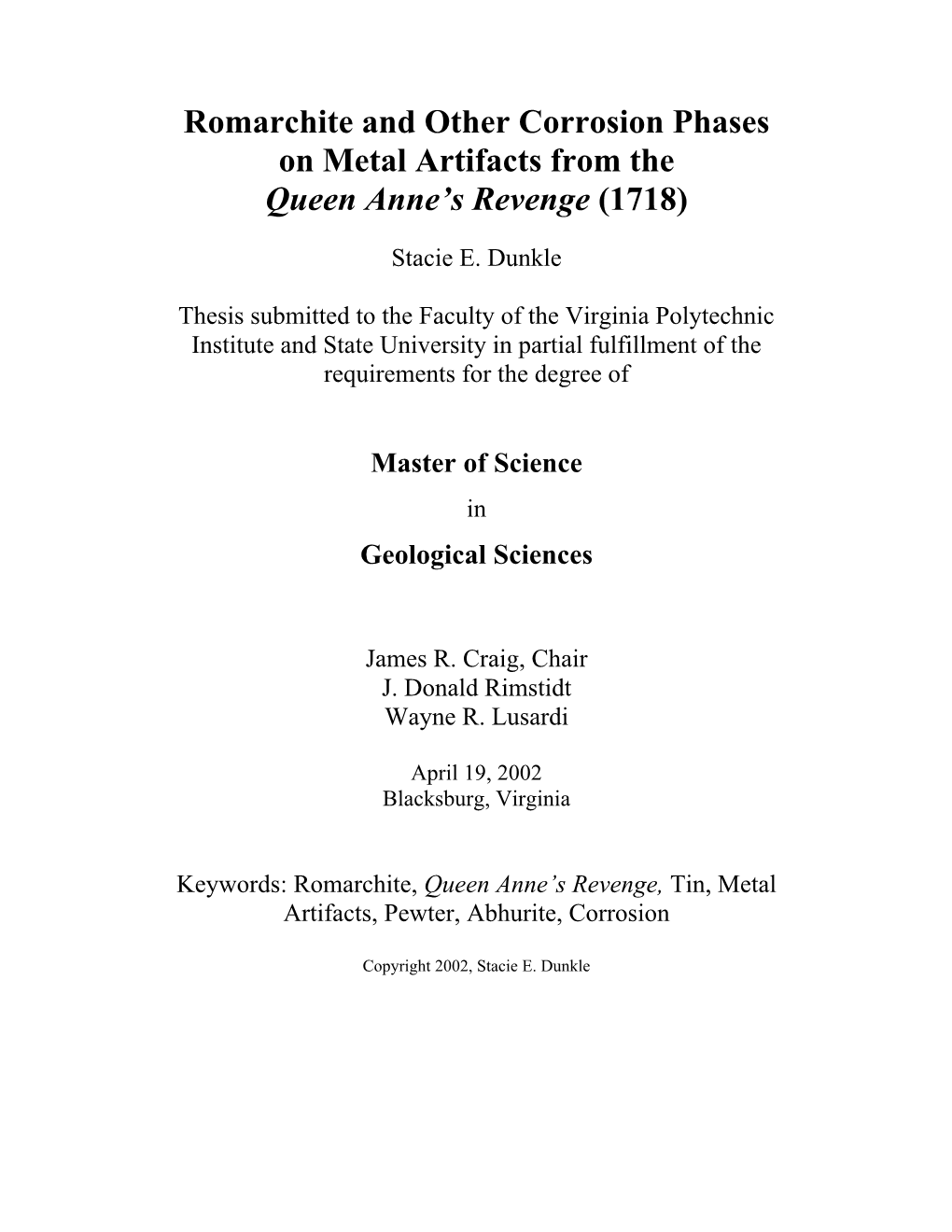 Romarchite and Other Corrosion Phases on Metal Artifacts from the Queen Anne’S Revenge (1718)