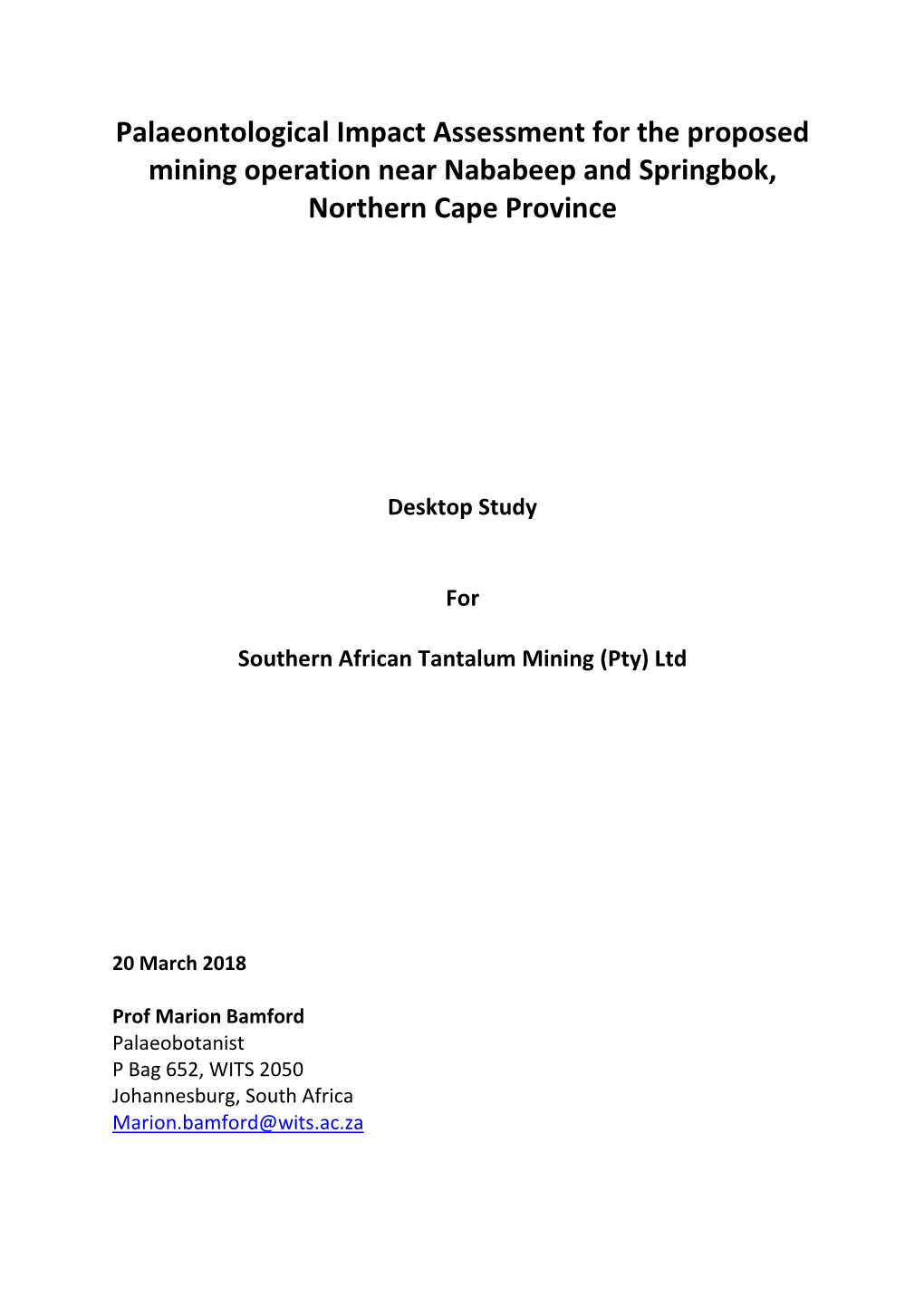 Palaeontological Impact Assessment for the Proposed Mining Operation Near Nababeep and Springbok, Northern Cape Province