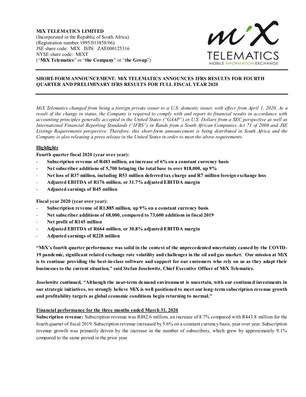 2) Short Form Announcement FY2020 IFRS