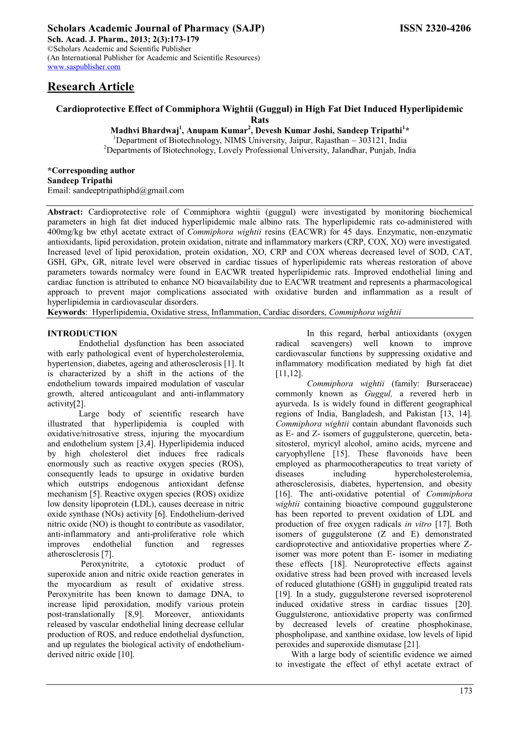 Cardioprotective Effect of Commiphora Wightii (Guggul) in High Fat Diet Induced Hyperlipidemic Rats