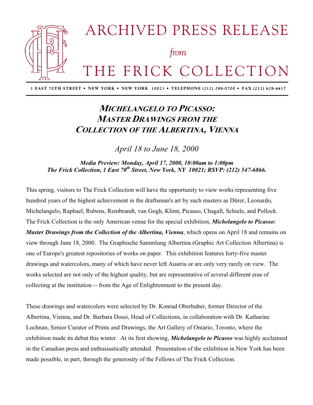 Archived Press Release the Frick Collection