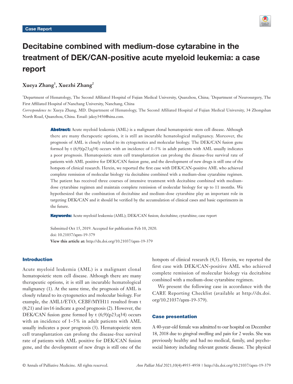 Decitabine Combined with Medium-Dose Cytarabine in the Treatment of DEK/CAN-Positive Acute Myeloid Leukemia: a Case Report