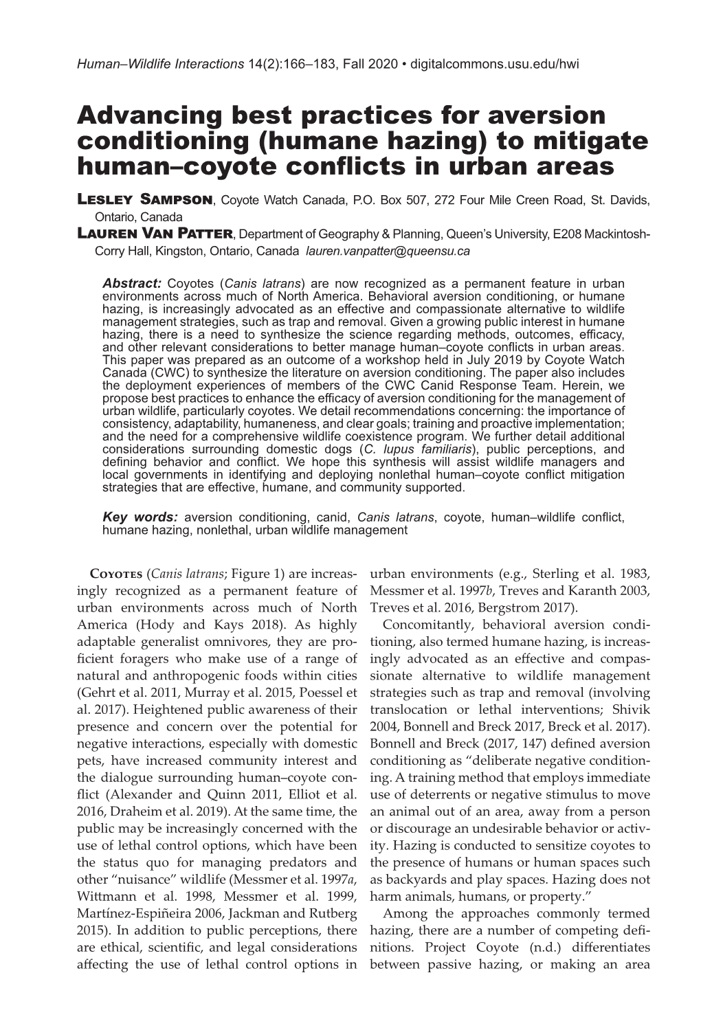 Advancing Best Practices for Aversion Conditioning (Humane Hazing) to Mitigate Human–Coyote Conflicts in Urban Areas Lesley Sampson, Coyote Watch Canada, P.O