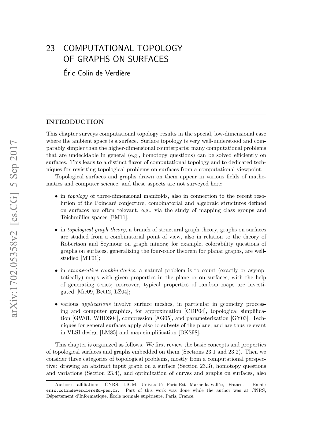 23 COMPUTATIONAL TOPOLOGY of GRAPHS on SURFACES Eric´ Colin De Verdi`Ere