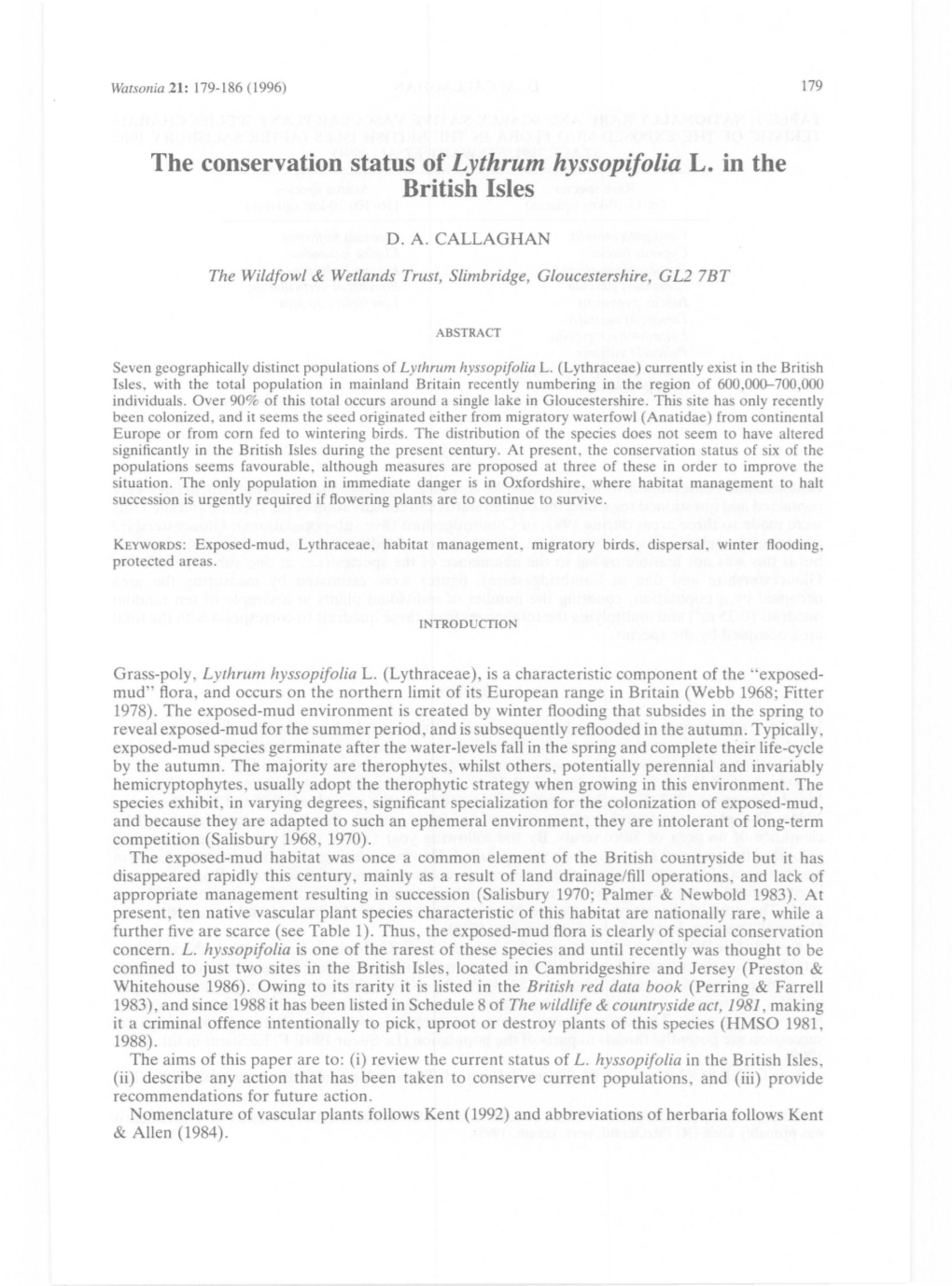 The Conservation Status of Lythrum Hyssopifolia L. in the British Isles