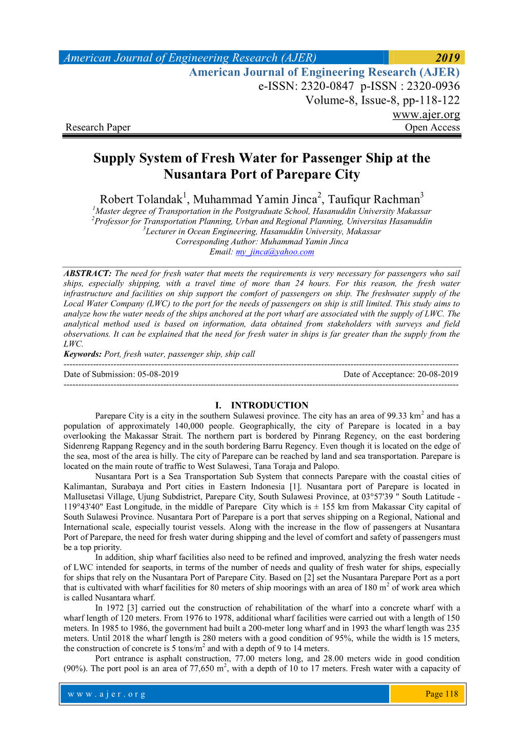 Supply System of Fresh Water for Passenger Ship at the Nusantara Port of Parepare City