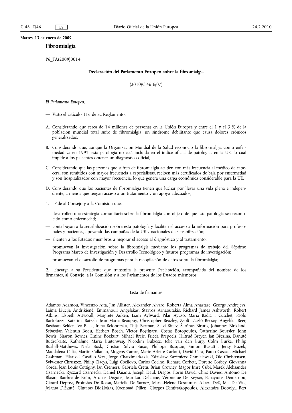 Declaración Del Parlamento Europeo Sobre La Fibromialgia