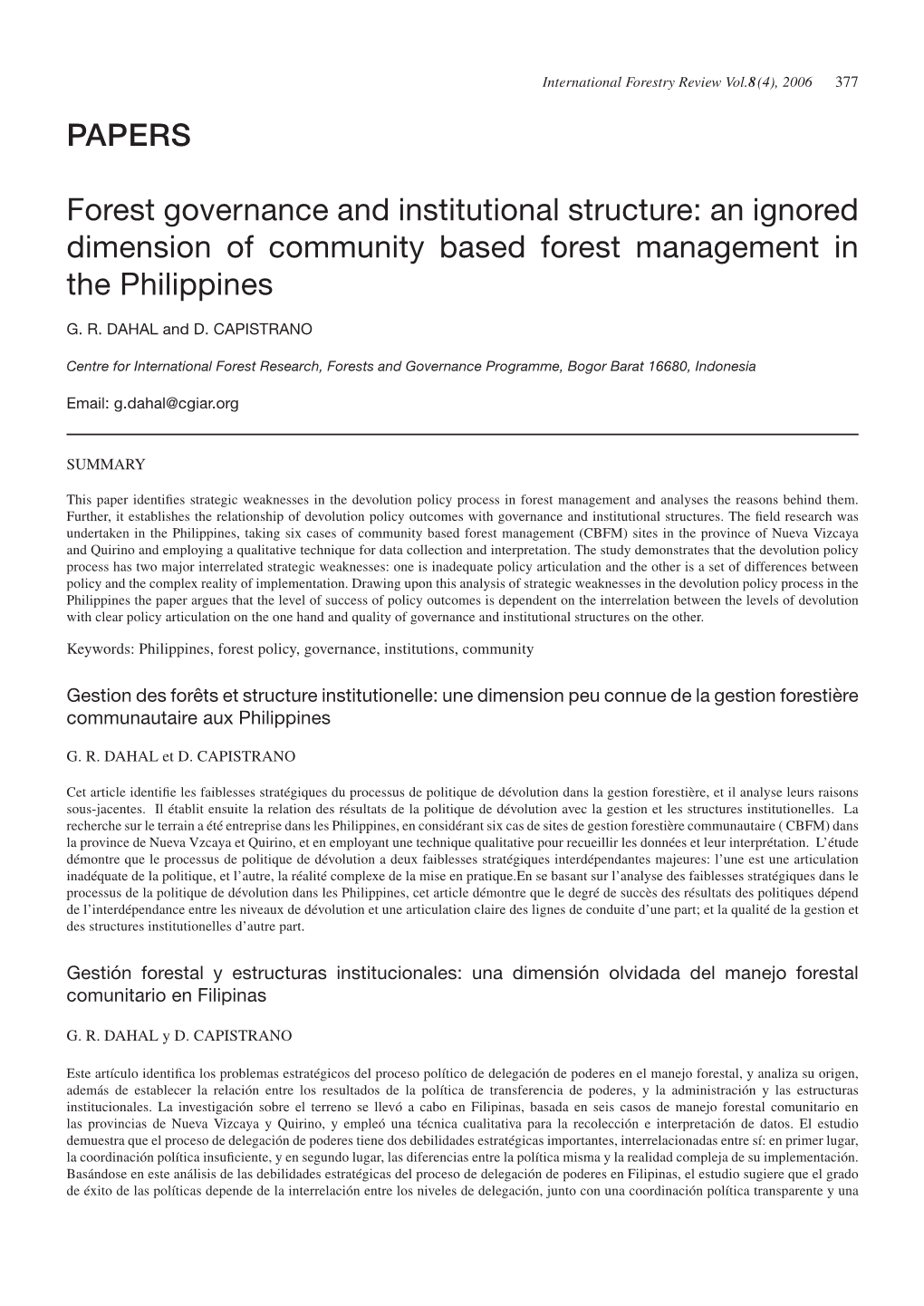 Forest Governance and Institutional Structure: an Ignored Dimension of Community Based Forest Management in the Philippines