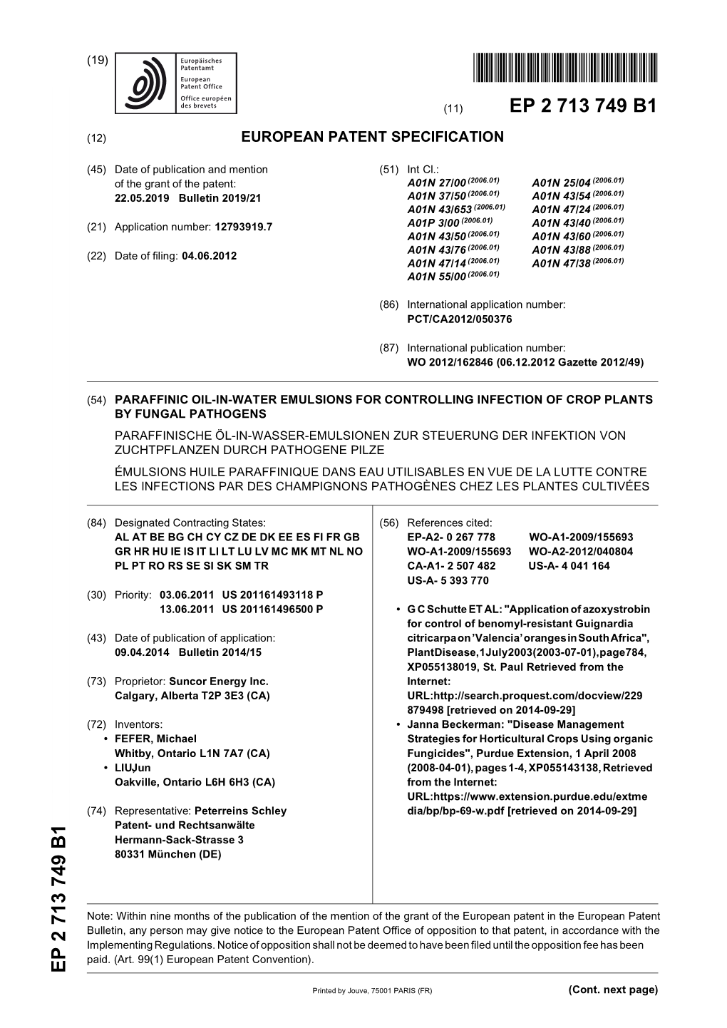 Paraffinic Oil-In-Water Emulsions for Controlling Infection of Crop Plants by Fungal Pathogens