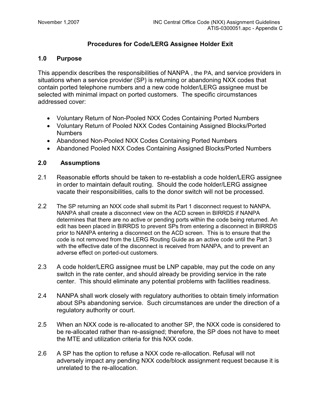 Procedures for Code/LERG Assignee Holder Exit