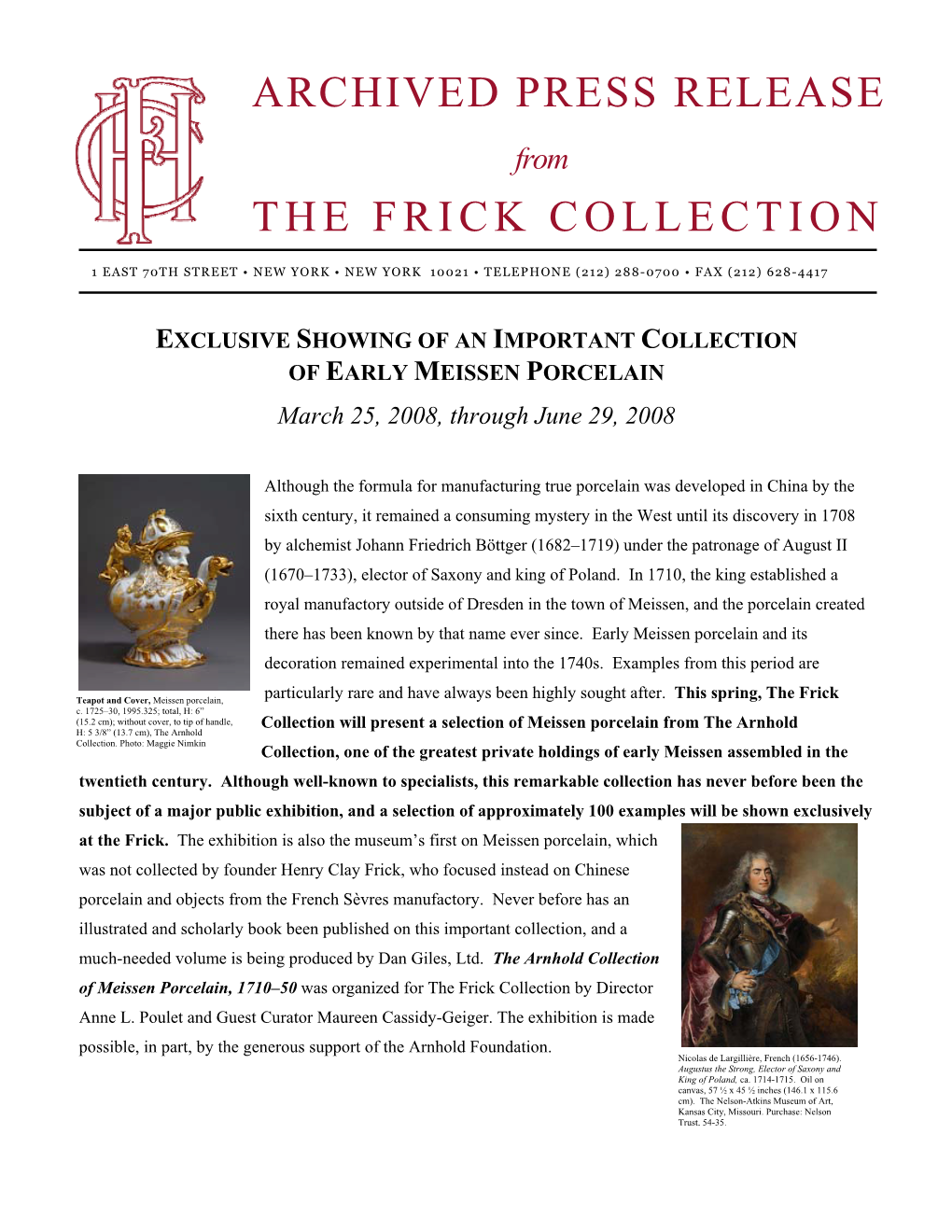 PRESS RELEASE from the FRICK COLLECTION