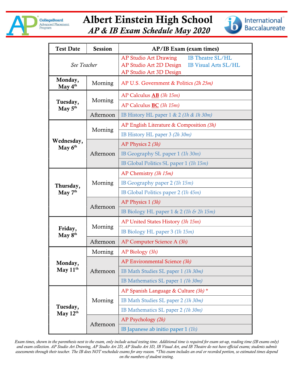 AP & IB Exam Schedule May 2020