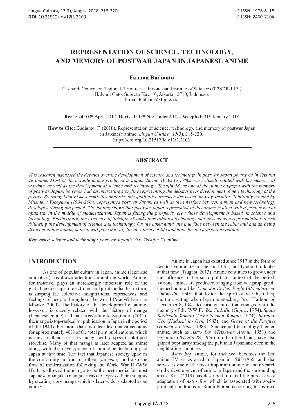 Representation of Science, Technology, and Memory of Postwar Japan in Japanese Anime