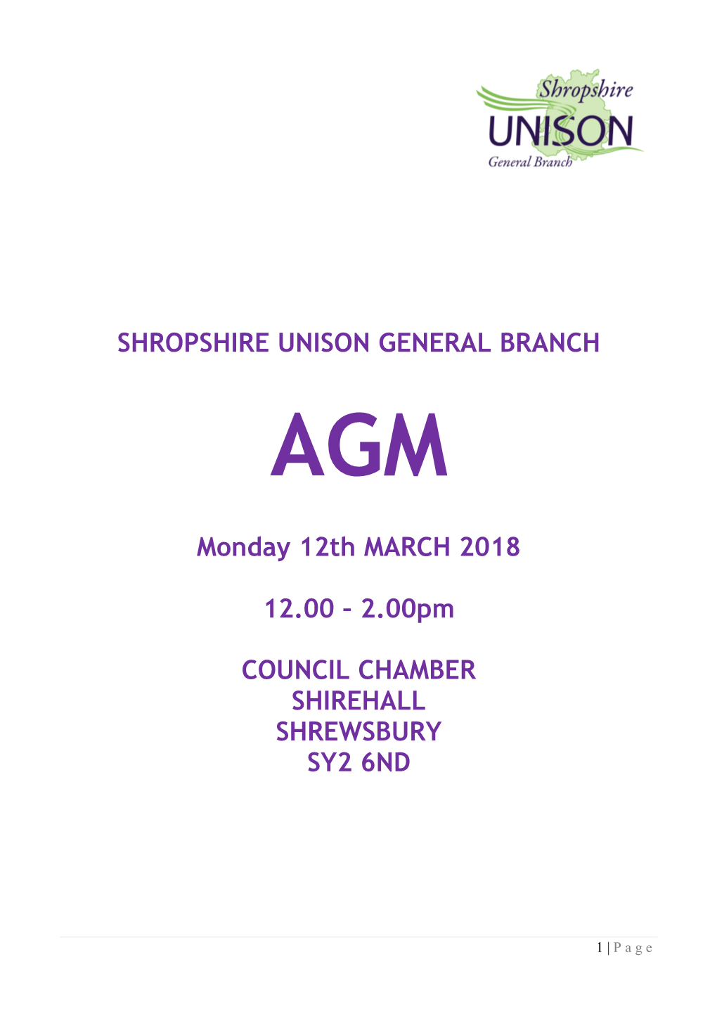 SHROPSHIRE UNISON GENERAL BRANCH Monday 12Th MARCH