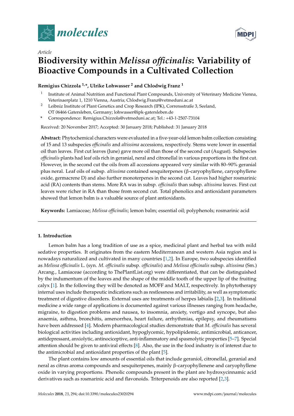 Biodiversity Within Melissa Officinalis: Variability of Bioactive Compounds in a Cultivated Collection