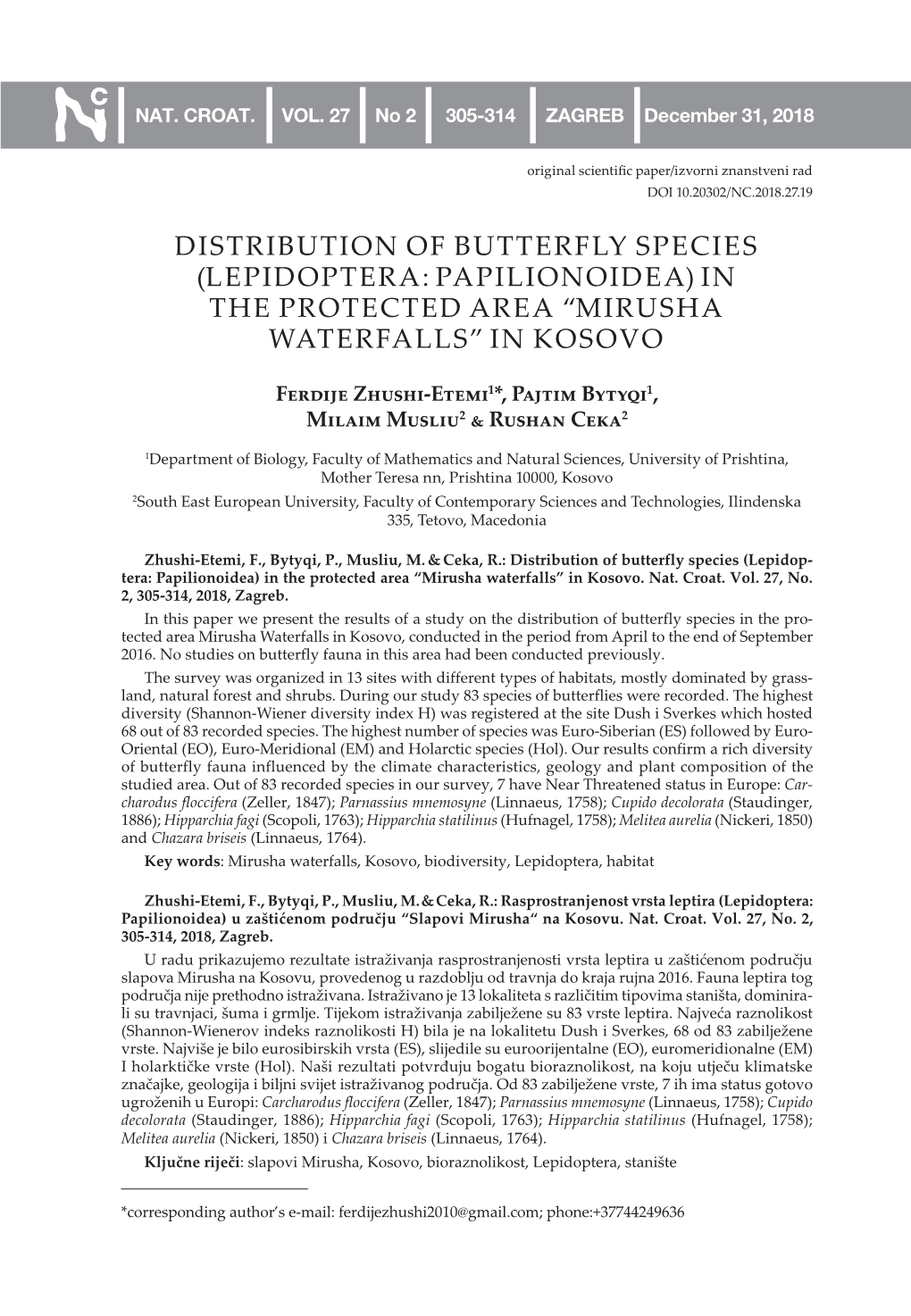 Distribution of Butterfly Species (Lepidoptera: Papilionoidea) in the Protected Area “Mirusha Waterfalls” in Kosovo